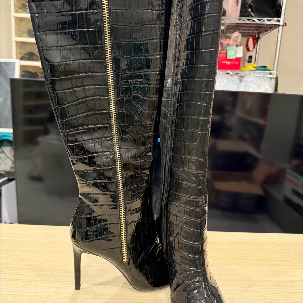 INC International Concepts Black Croc-Embossed Pointed-Toe Stiletto Knee Boots - Picture 3 of 4